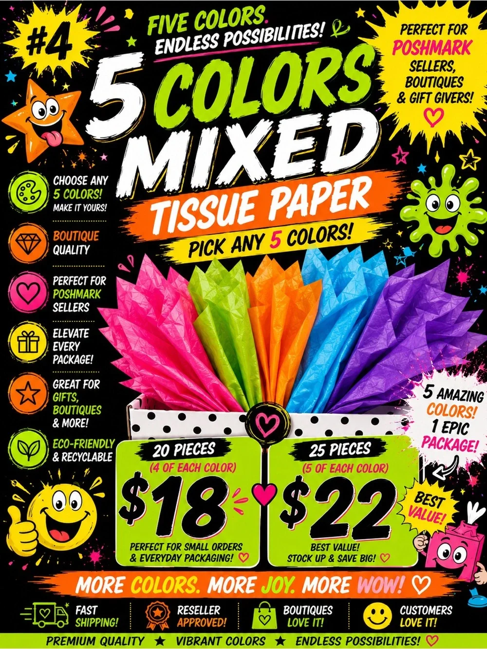 ★ 5 Color Mixed Tissue Paper Bundle | Boutique Packaging Supplies